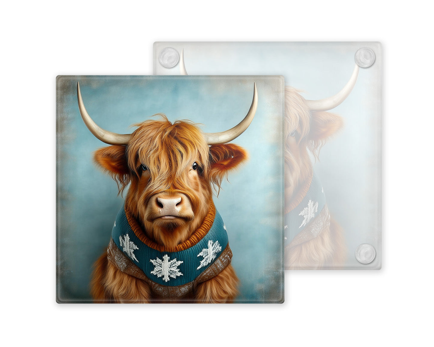 Festive Highland Cow Glass Coaster Set – Quirky Christmas Cows