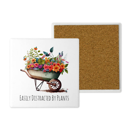 Easily Distracted by Plants - Ceramic Coaster –  Beautifully Hand Printed Design 10x10cm