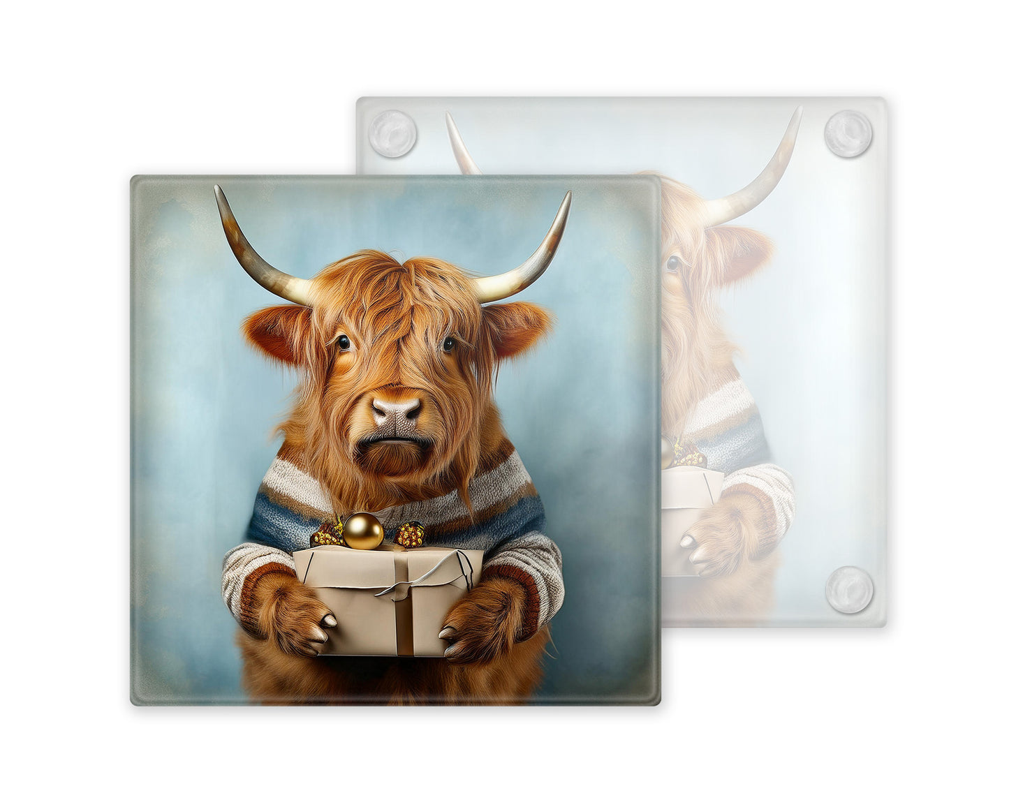 Festive Highland Cow Glass Coaster Set – Quirky Christmas Cows