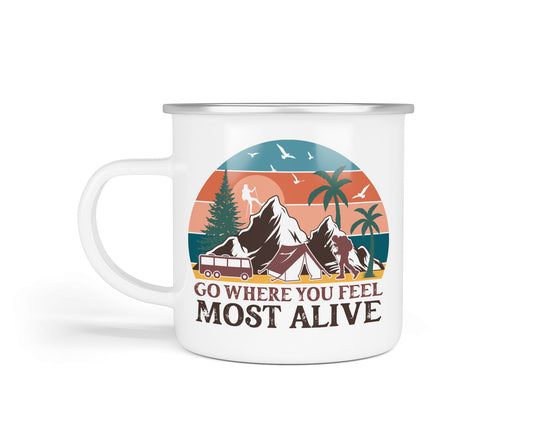 Colourful Retro Enamel Camping Mugs – Vibrant Designs for Outdoor Adventures Go Where you Feel Most Alive