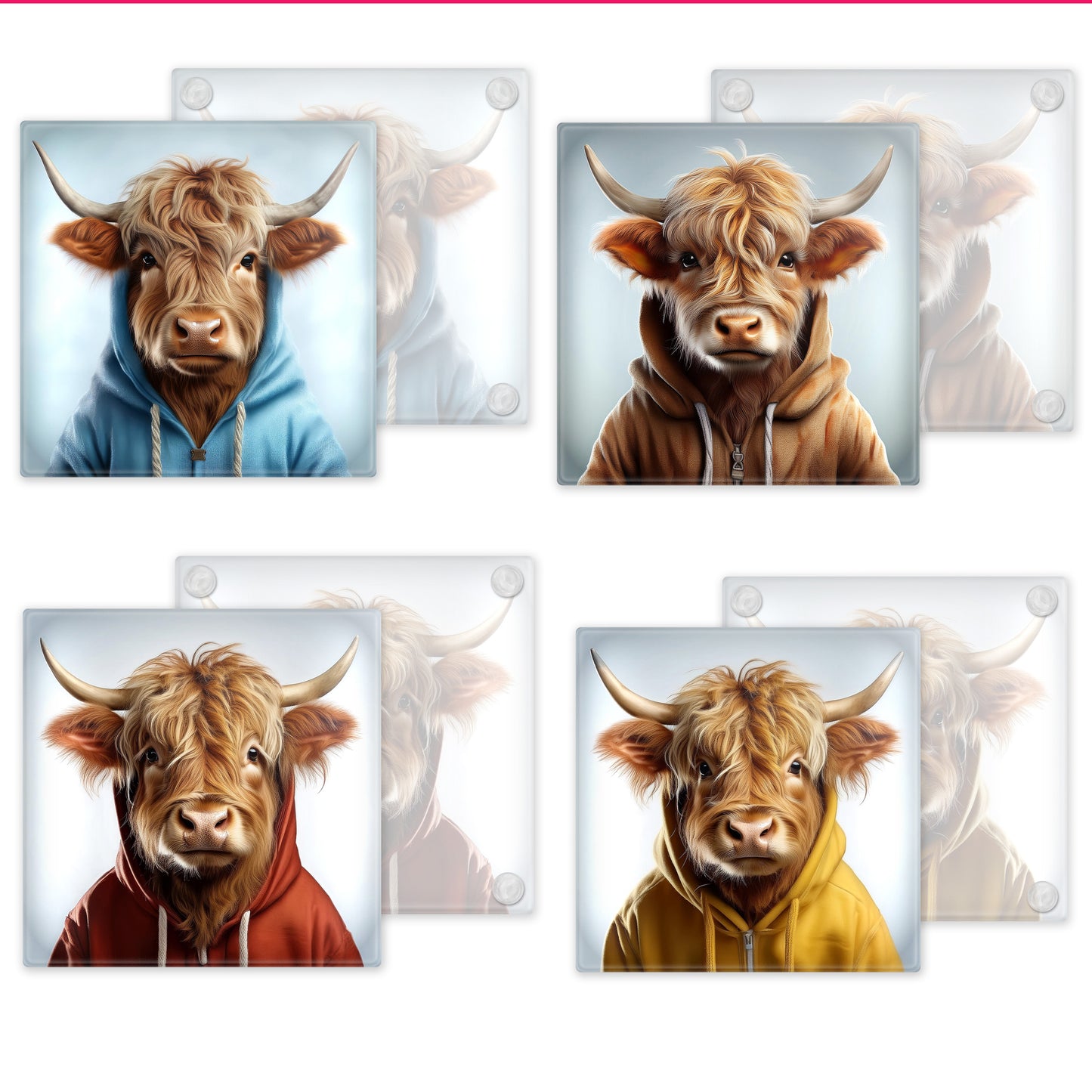 Watercolour Highland Cows in Hoodies - Set of 4 Glass Coasters – High-Quality, Glossy Printed Designs