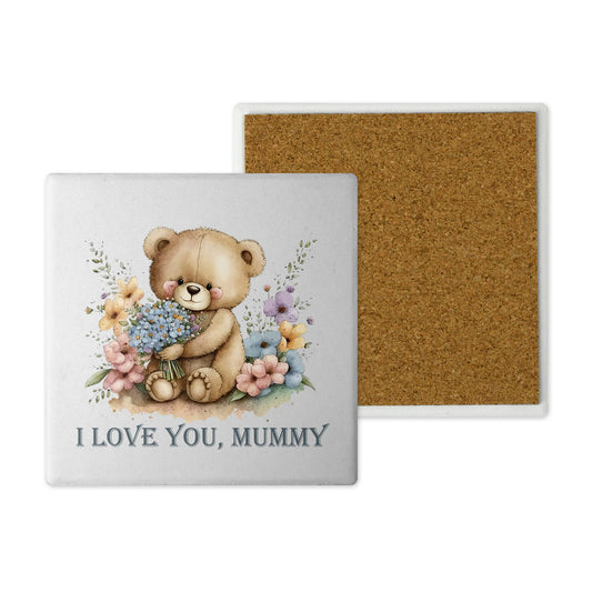 Ceramic Coasters - Handprinted 10x10cm Cute Teddy Bear Design - Sentimental Handmade in the UK Mummy