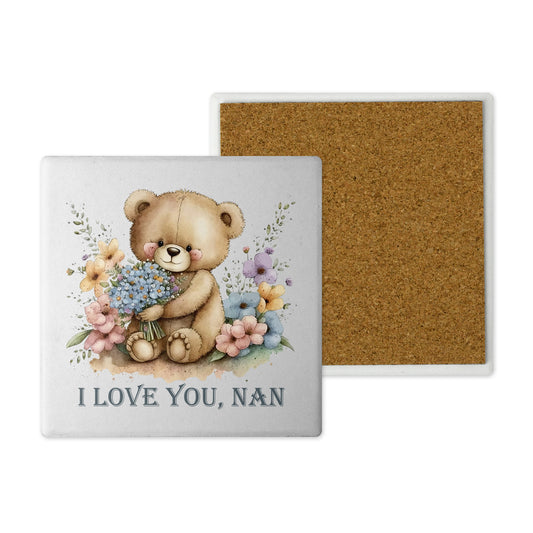 Ceramic Coasters - Handprinted 10x10cm Cute Teddy Bear Design - Sentimental Handmade in the UK Nan