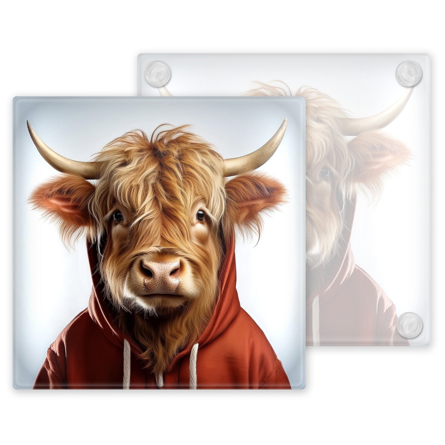 Watercolour Highland Cows in Hoodies - Set of 4 Glass Coasters – High-Quality, Glossy Printed Designs