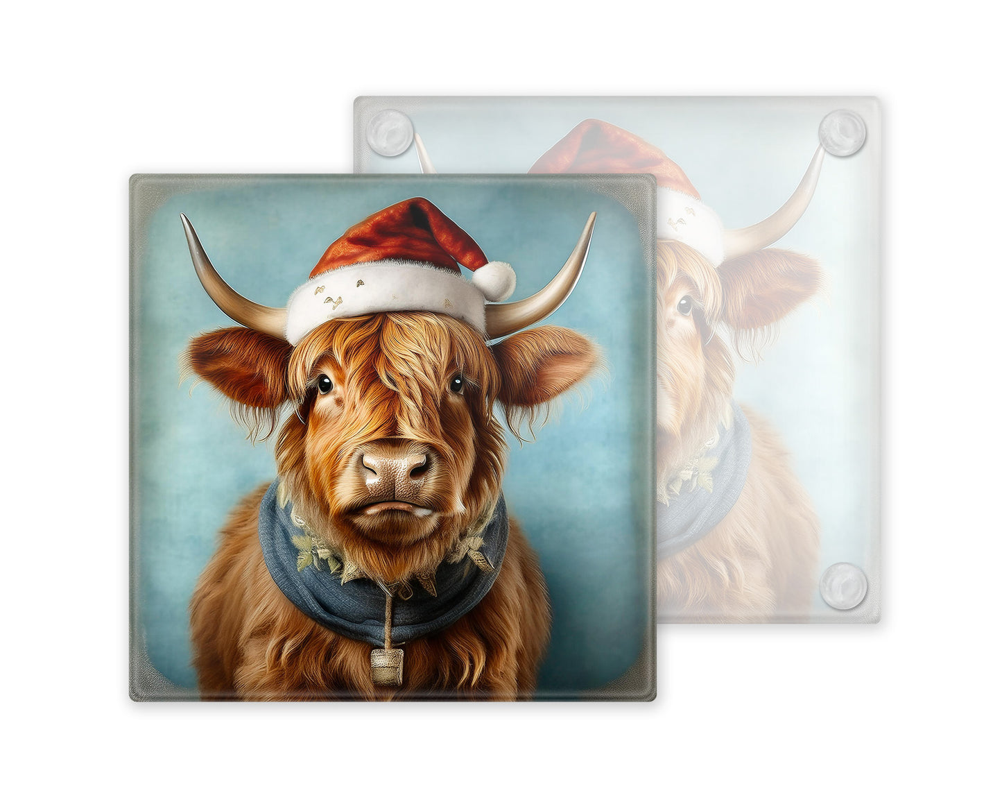 Festive Highland Cow Glass Coaster Set – Quirky Christmas Cows