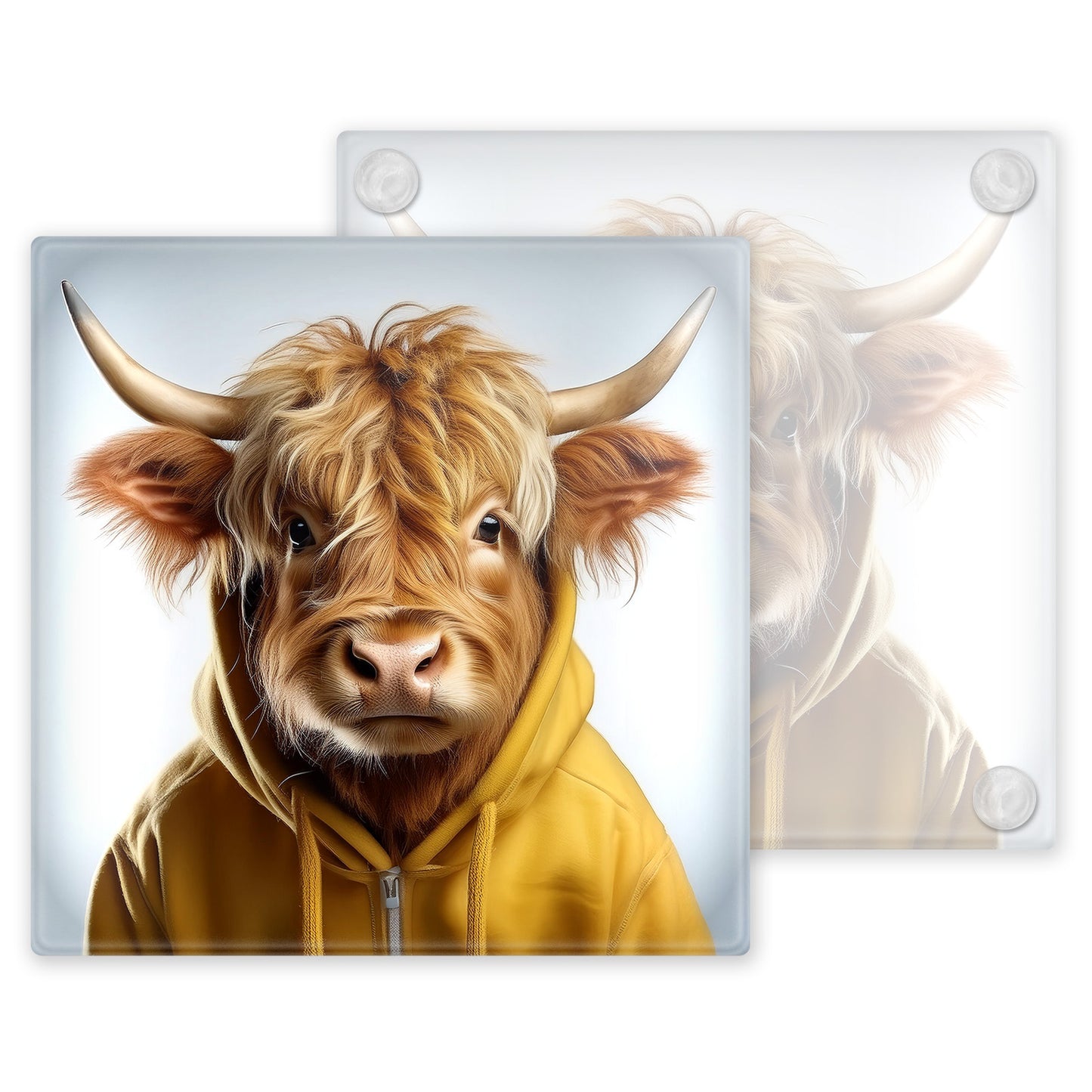 Watercolour Highland Cows in Hoodies - Set of 4 Glass Coasters – High-Quality, Glossy Printed Designs
